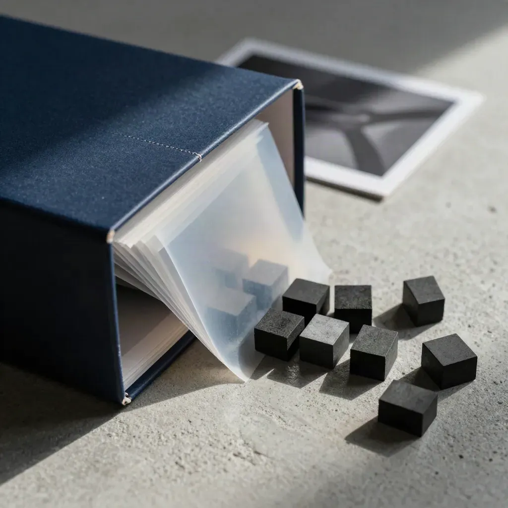 Navy-edged box, translucent sheets, and charcoal blocks on pale concrete in a dramatic macro ad shot.