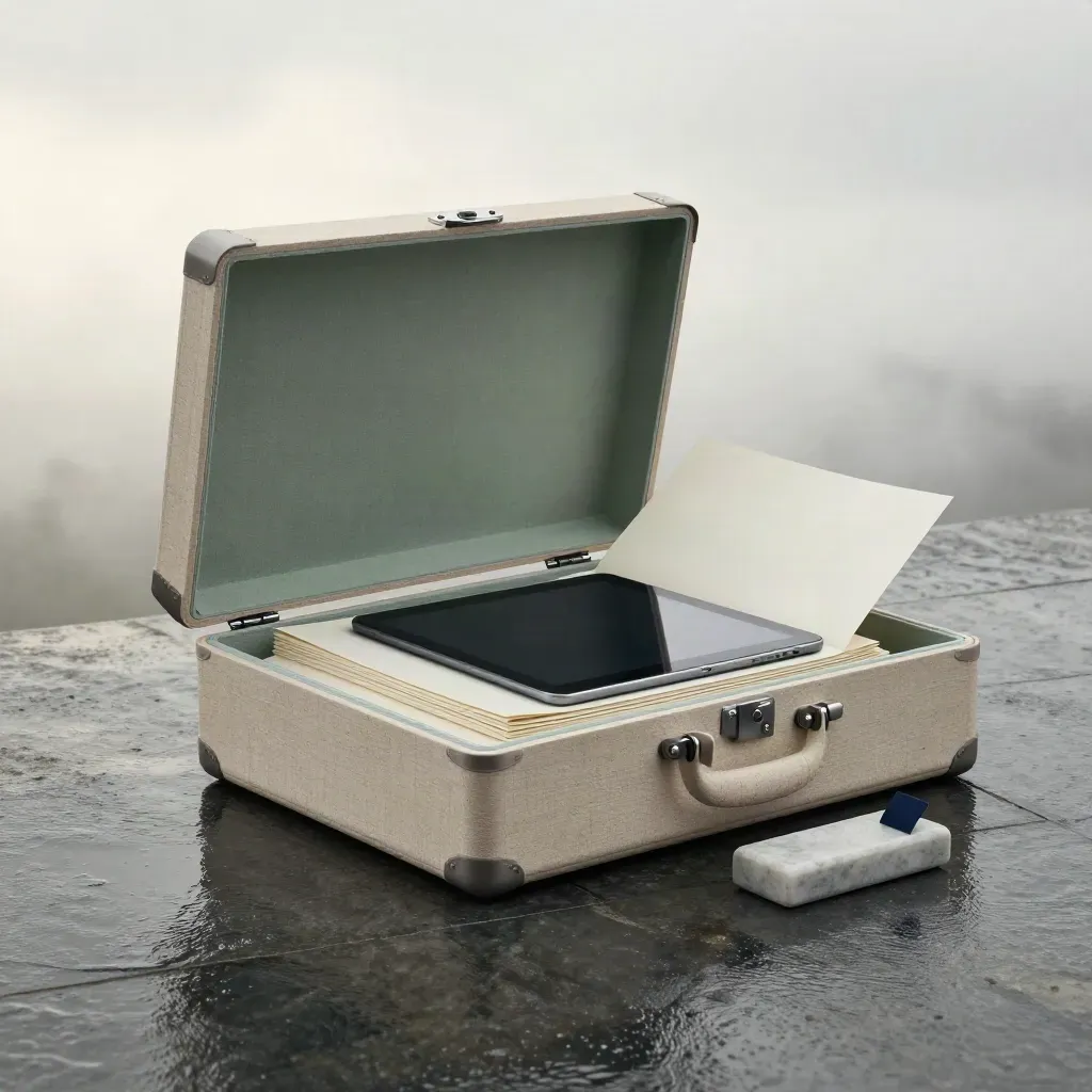 Luxury insight portfolio case with tablet, folios, and stone paperweight in rain mist