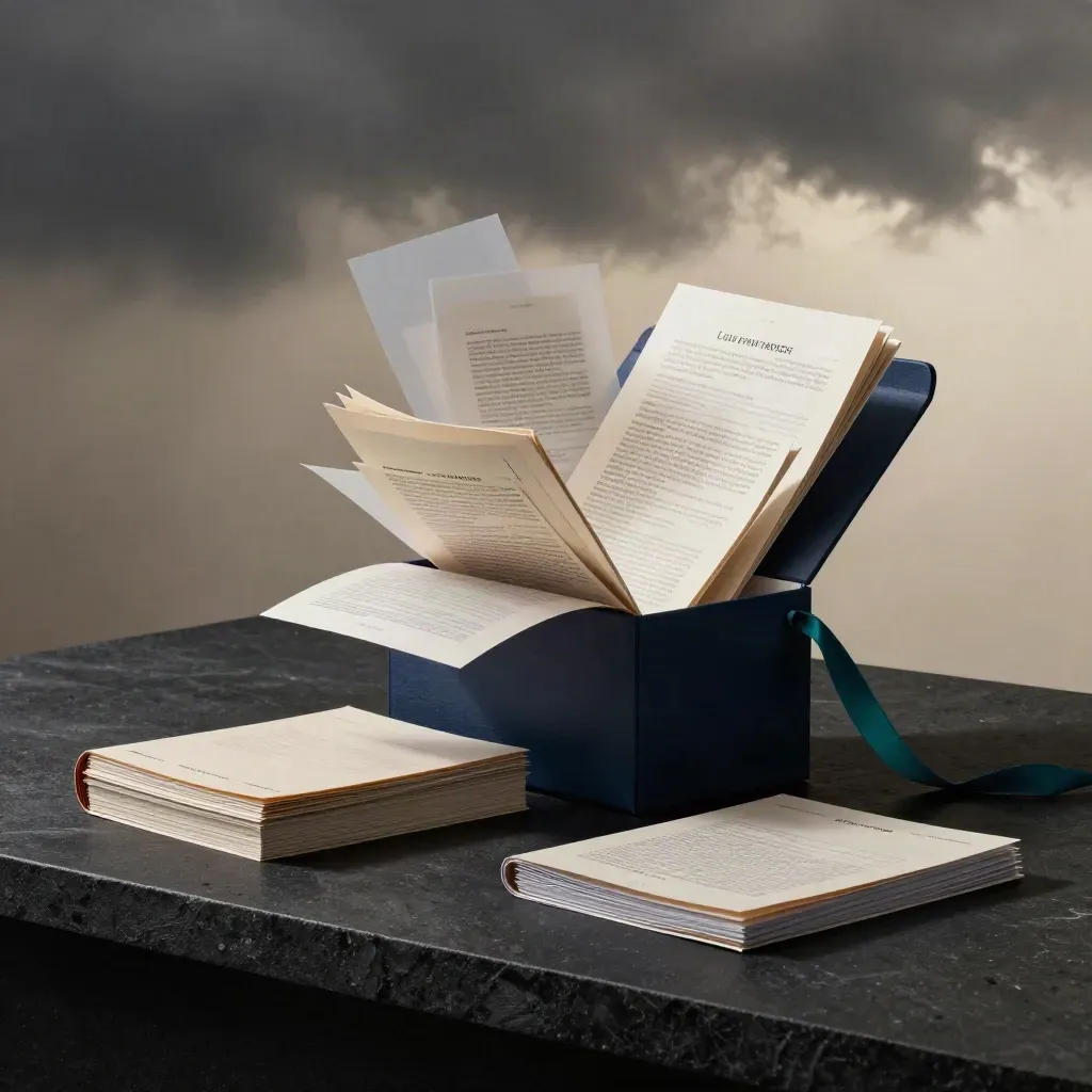 Executive folios burst from a navy insight bundle, glowing in mist on a dark studio plinth.