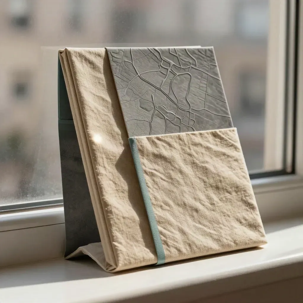 Sand market-scan packet with graphite tile and folded board on a bright window ledge in soft daylight