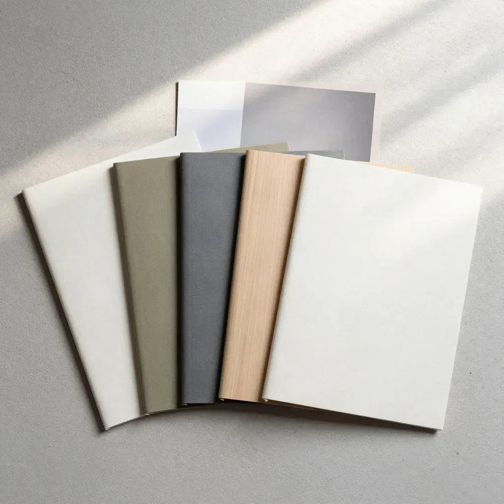 Overhead flatlay of three customer-segment folios fanned on a pale stone slab with a blurred card behind.