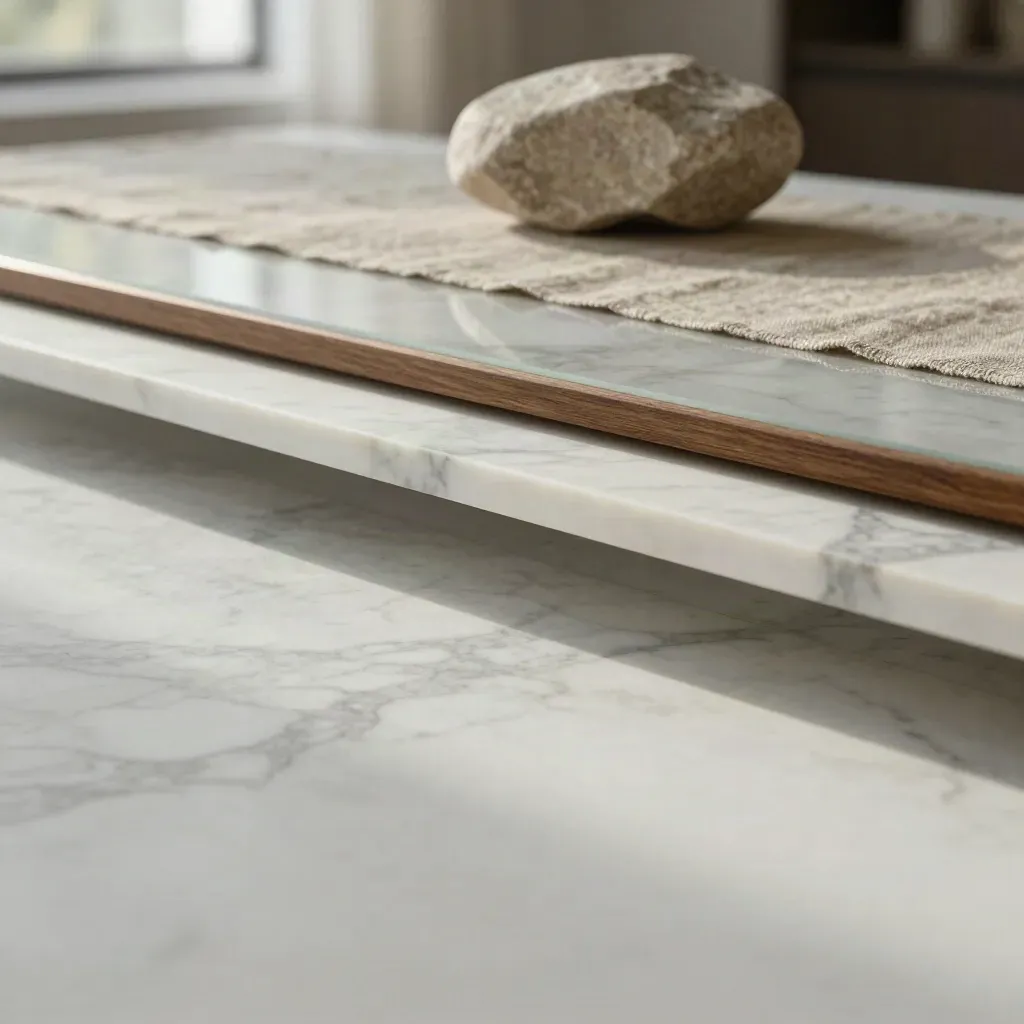 White marble backdrop with linen and stone in soft morning light